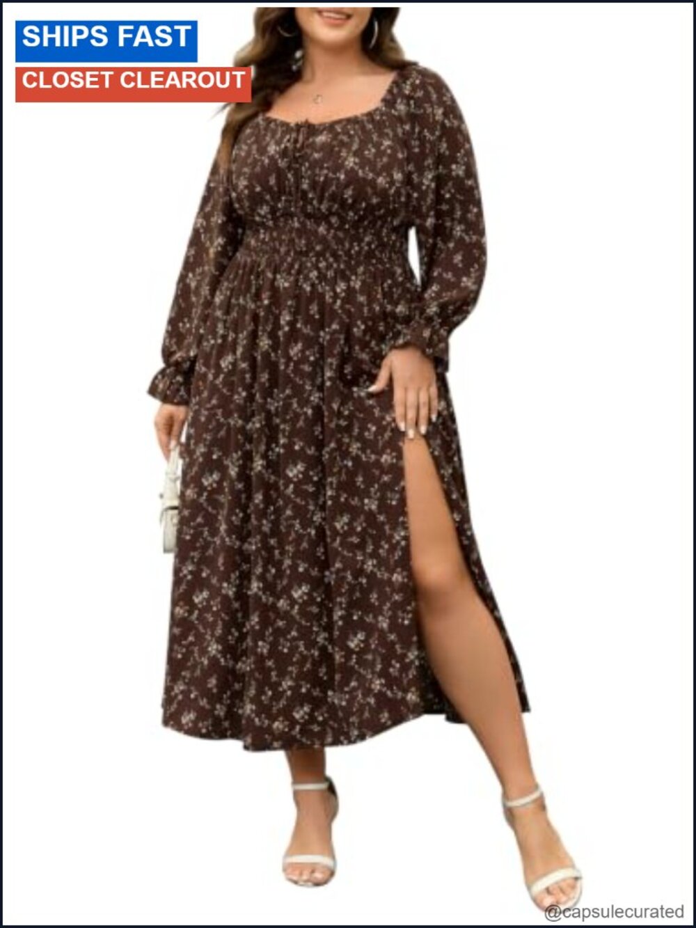 Plus Size Maxi Dress Long Sleeve Smocked Square Neck Floral - Picture 1 of 6